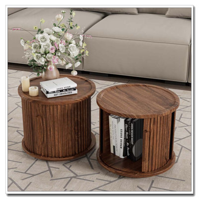 Ensemble de 2 tables basses rondes avec rangement à porte coulissante et colonne romaine cannelée