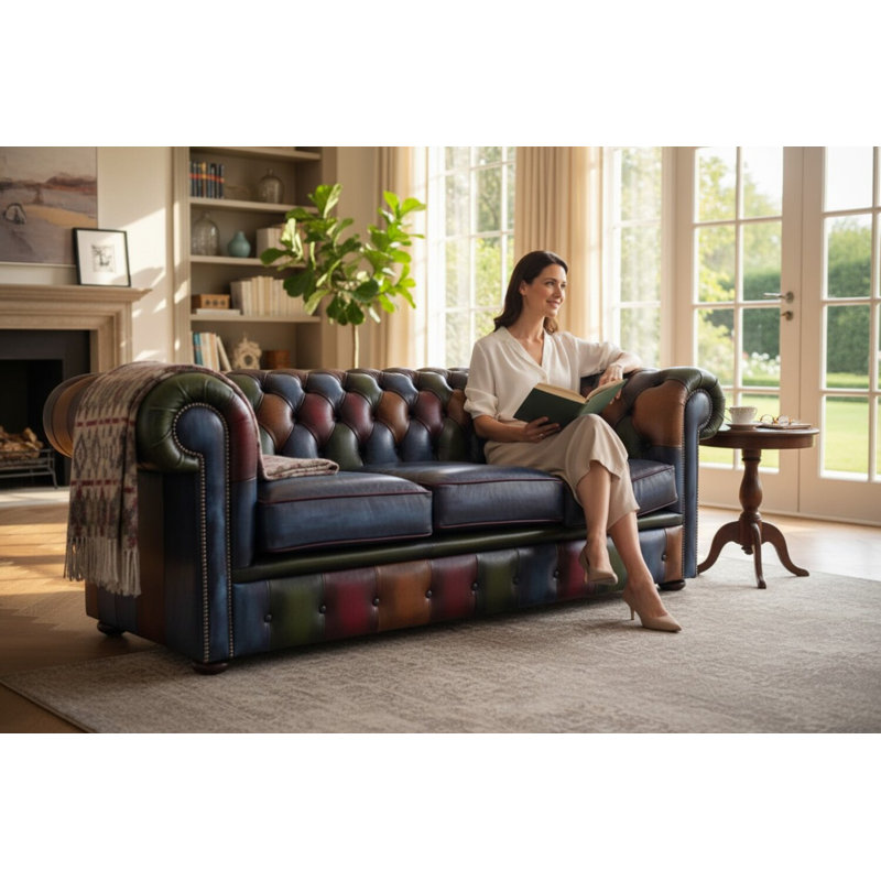  3 Seat Chesterfield Sofa In Antique Leather, Antique Patchwork