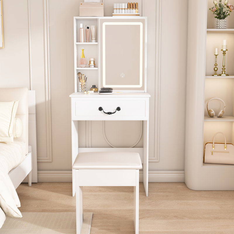 Modern Mini Dressing Table With Adjustable Brightness Led - Lit Mirror, Smart Storage, Multi Tier Proof Shelves And White Padded Stool For Bedroom Decor Mirror Hidden Compartments, Stool, Brightness,