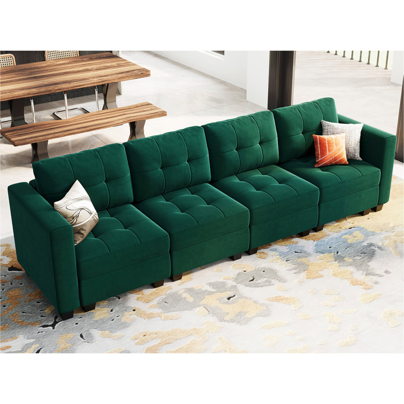 Canapé convertible en velours 4 places Buckleton, Velours vert