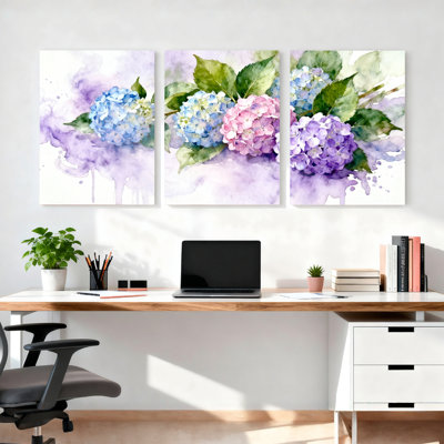 Watercolor Hydrangea Floral Canvas Wrapped Wall Art, Set of 3 Panels, Abstract Flower Print for Living Room, Bedroom, or Home Decor