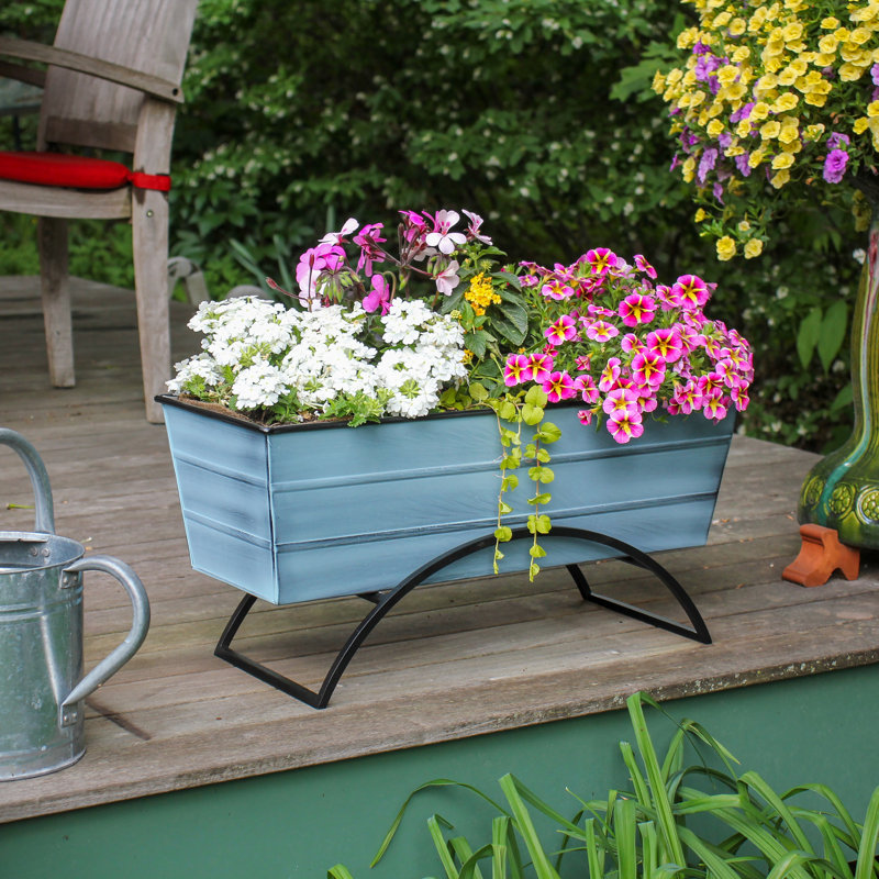 Medium Blue Galvanized Steel Planter Box with Black Iron Stand