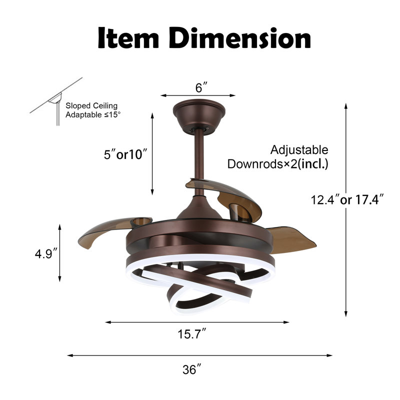36 Inch Modern Retractable Chandelier Ceiling Fan With Lights And Remote, Silent DC Motor LED Dimmable DIY Shade Ceiling Fan