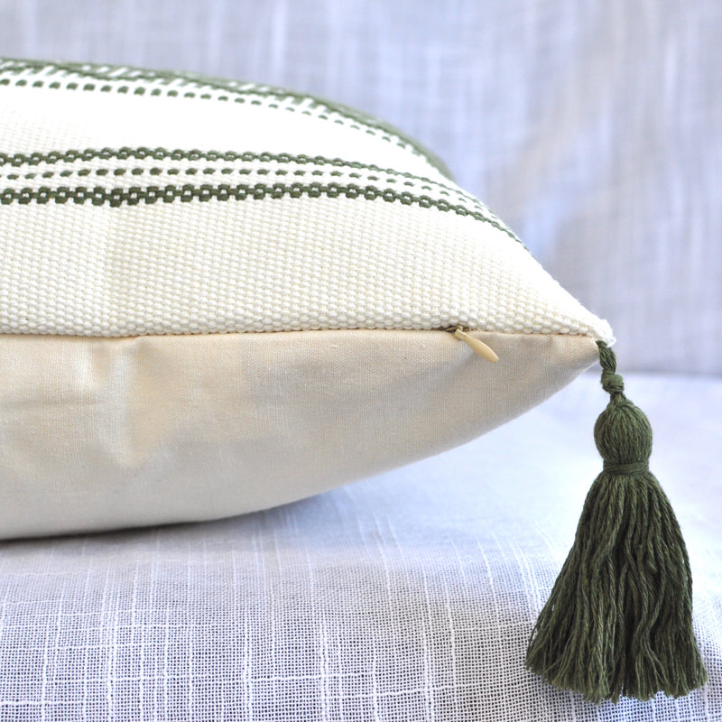 Woven Pillow Covers With Tassels, Geometric Pattern Pillowcases For Outdoor / Indoor (Set of 2), 16" x 16", Green