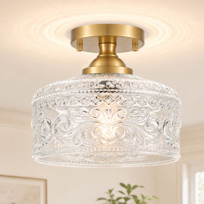 Antique Brass Semi-Flush Mount Ceiling Light - Gold Finish With Clear Glass Shade, Vintage Close To Ceiling Fixture For Entryway, Hallway, Kitchen, And Bedroom