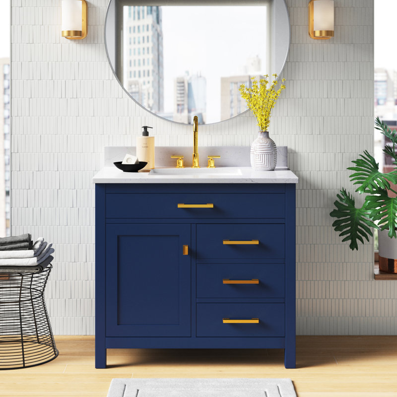 Meuble-lavabo simple 36 po Ajhane, Bleu marine / doré brossé
