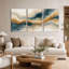 Ensemble de 3 toiles murales abstraites représentant des vagues fluides dans les tons turquoise et beige-71284319