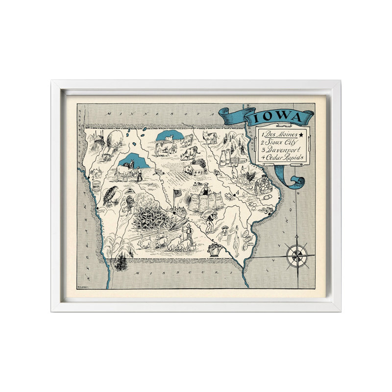 Carte illustrée de l'Iowa, Canevas, Encadrement blanc, H 16 po x l 20 po