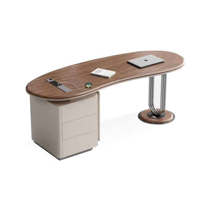 Bureau à 3 tiroirs brun noisette + bois manufacturé blanc + acier inoxydable, H 29,53 po x l 62,99 po x P 27,56 po