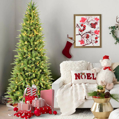 Arbre de Noël mince 6 pi avec 300 lumières DEL blanc chaud - 850 pointes en PE + PVC, conception à charnières peu encombrante, installation facile, support en métal robuste - arbre à crayons réaliste pour les petits espaces