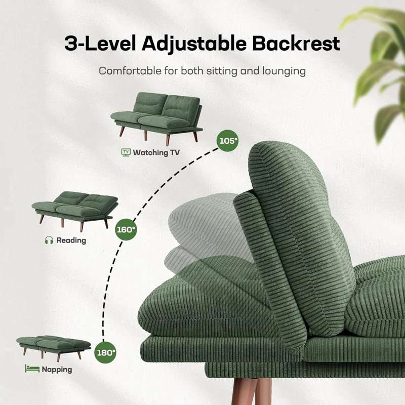 75”Convertible Futon Sofa Bed with Adjustable Backrest and 5-Level Armrests, Corduroy Futon Couch ,Sleeper Sofa Loveseat for Small Spaces, Apartment or Office,Green