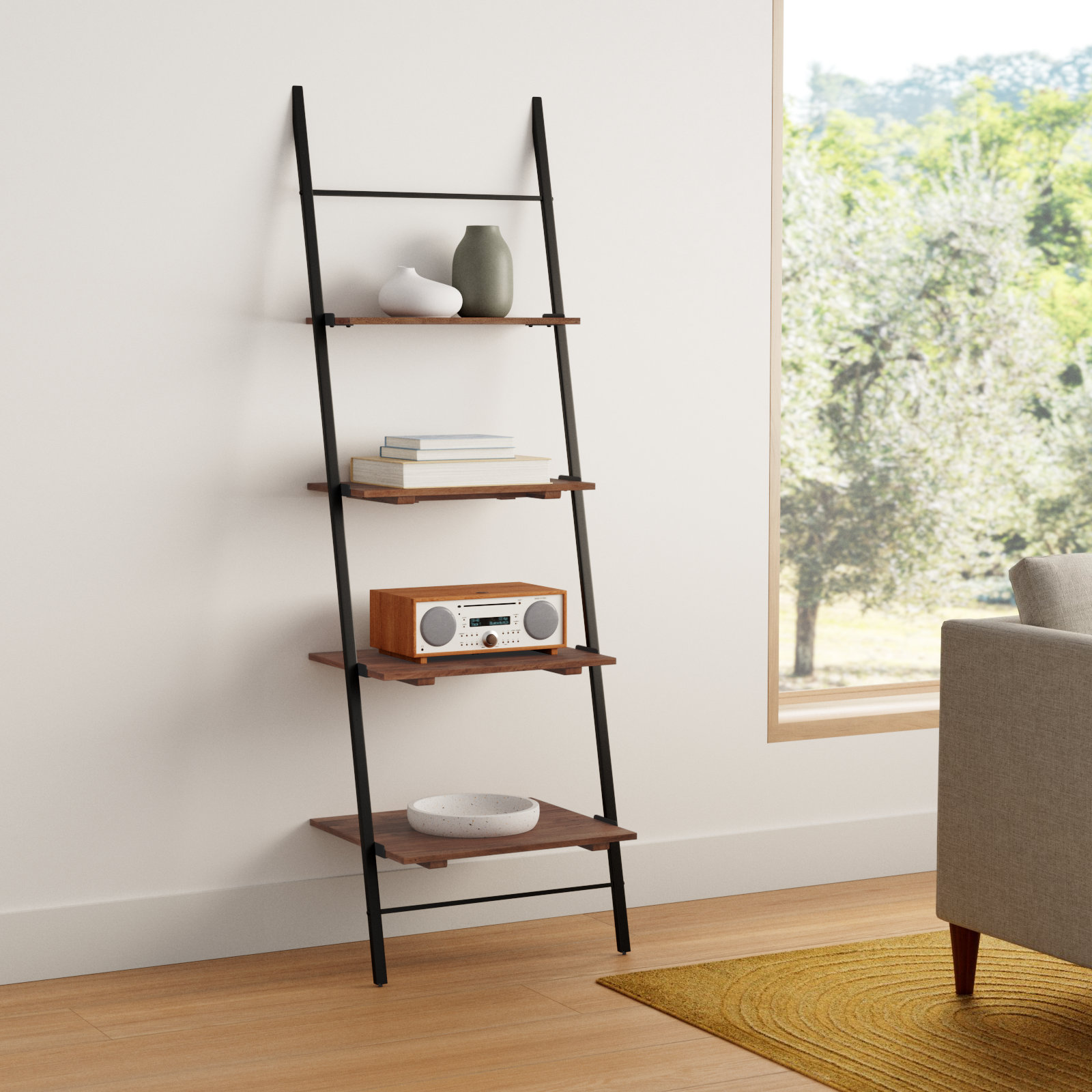 Innes Narrow Ladder Bookcase, Walnut, (4 Shelves) 74" H x 24" W x 18" D