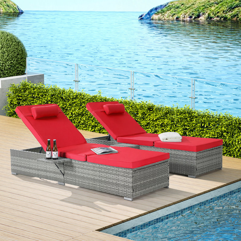 Ensemble de 2 chaises longues d'extérieur en osier, Rouge, Gris clair