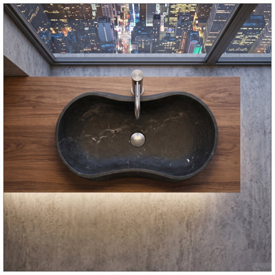 Luxury Dark Gray Natural Marble Vessel Sink, 23.6" Organic Wavy Shape Stone Basin, Solid One-Piece Carved, Matte Finish Vanity Bowl (60cm x 36cm)