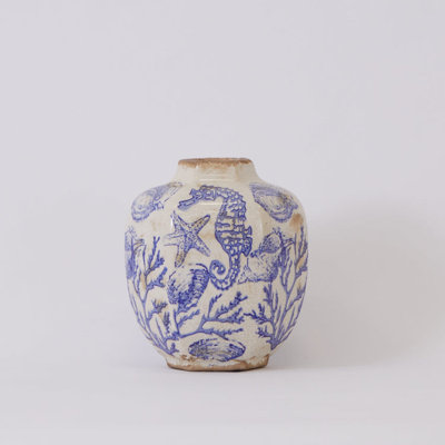 Vase de table en céramique blanc / bleu 8,5 po