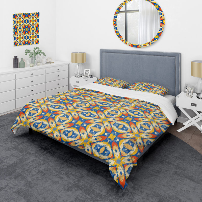 Ensemble de housse de couette à motif ikat bleu et jaune Ogee, Housse de couette pour grand lit et 2 taies décor