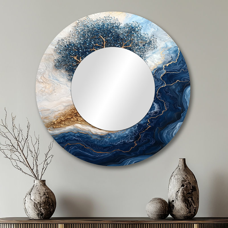 Arbre turquoise de la vie dans la rivière de l'existance I - miroir traditionnel pour décoration murale, 29 po x 29 po