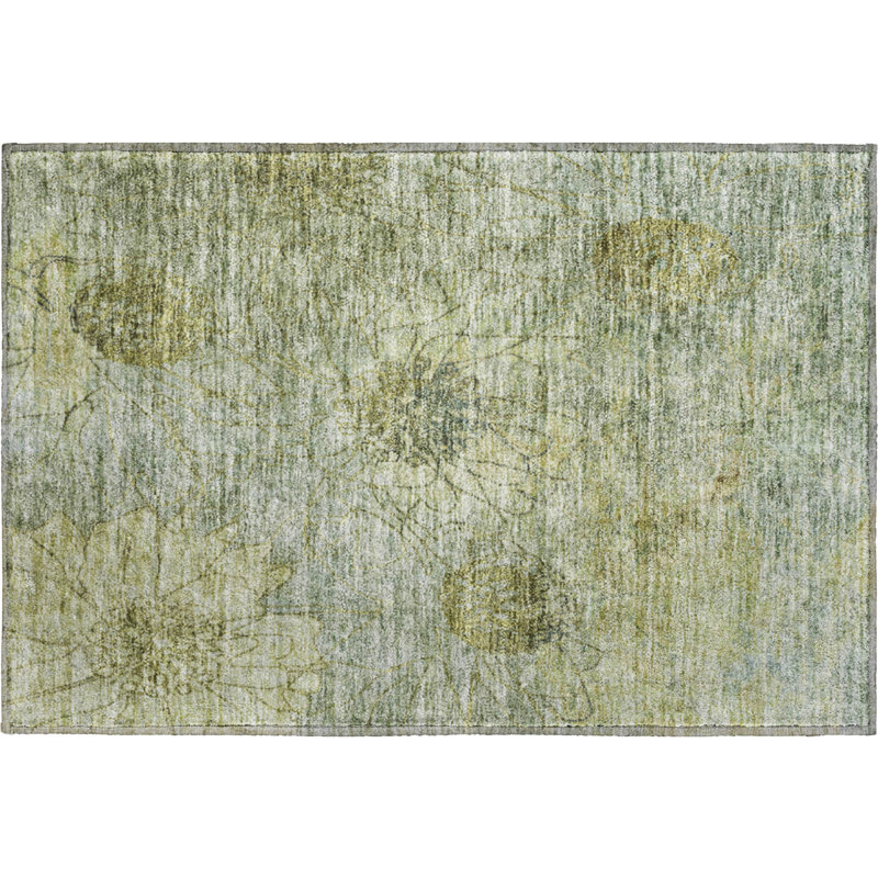 Premium Machine Washable Mayfield AMF2235 Floral Rug, 1'8" x 2'6", Aloe