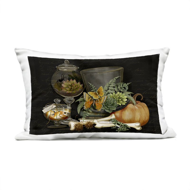 Coussin d'extérieur imprimé motif terrarium par Nicole Tamarin,  Bibliothèque noire et motif noir foncé