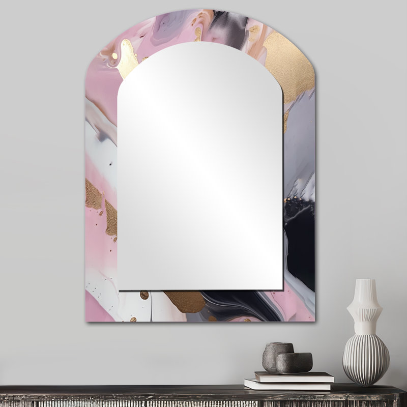 Pink And Gold Inner Worlds Of Marble I - Marble Arch Wall Mirror, Pink Asymmetrical Decorative Mirror, Printed Metal Art