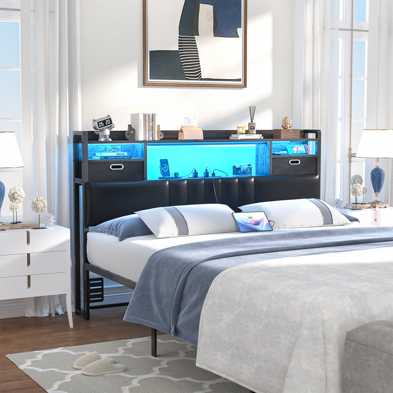 45.3'' H Storage Headboards With  Darwers,Outlets,USB Ports And LED Lights, Gray, Full
