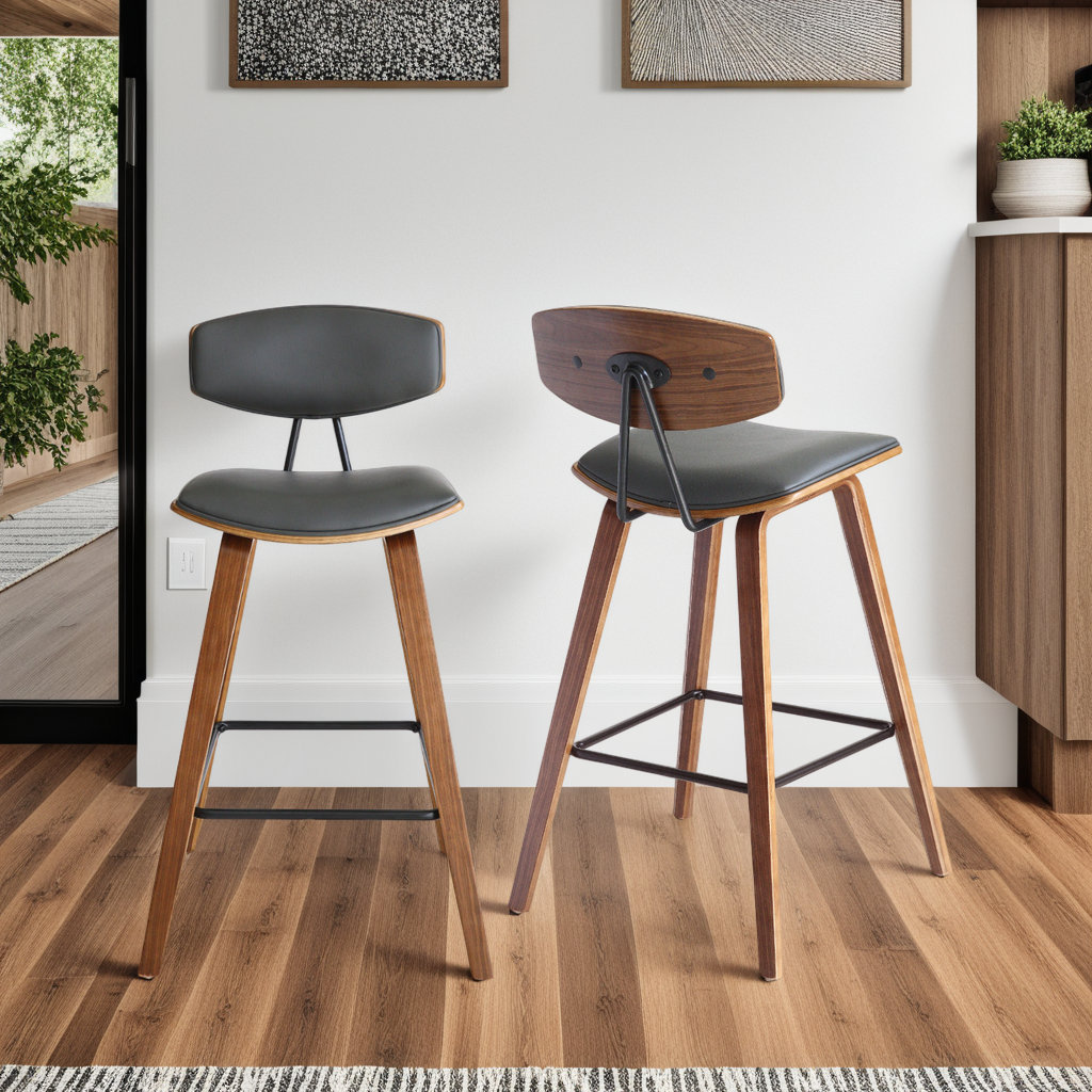 Payton Vegan Leather Bar & Counter Stool, Counter Stool (26" Seat Height), Gray Faux Leather, Walnut