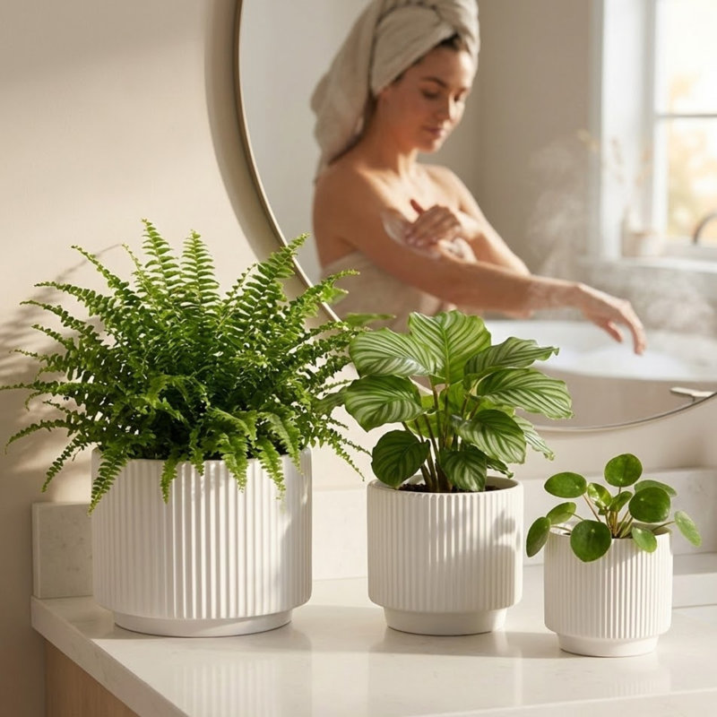3-Piece White Stoneware Planter Pot Set With Ribbed Texture