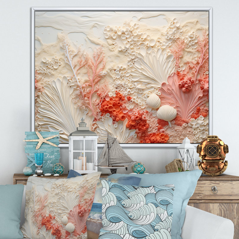 «Rose and White Coastal Coral Collage V - Coastal Coral Under Water», art mural encadré, H 34 po x l 44 po x P 1,5 po