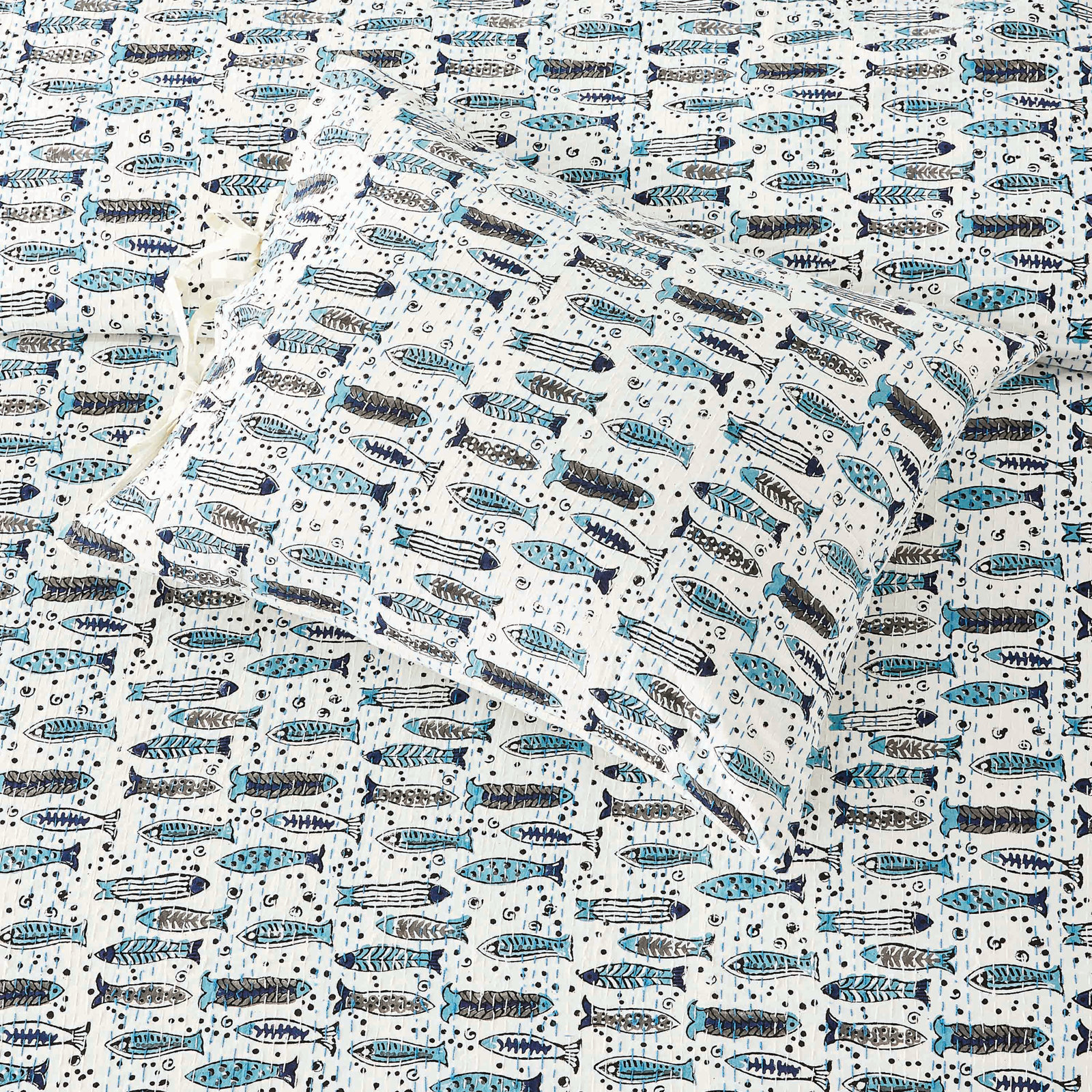 Kantha Fish Cotton Coverlet Set, King