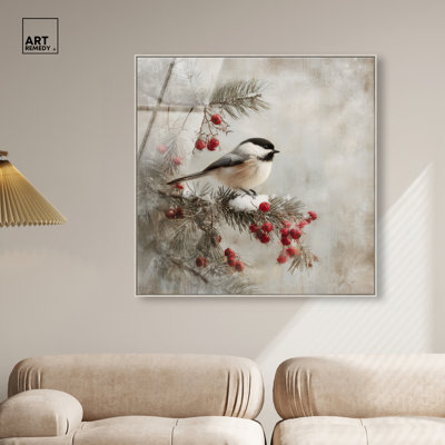 «Winter Chickadee I», reproduction d'art acrylique encadrée par Art Remedy, cadre argenté, 24 x 24
