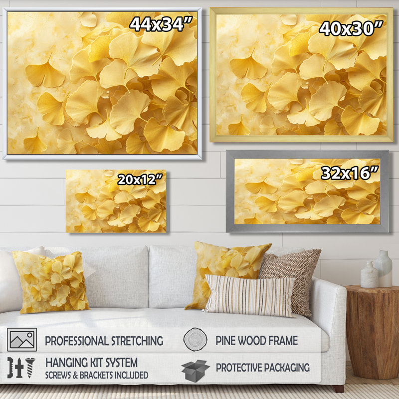 Golden Ginkgo Leaves Harmony III - feuilles, art mural, H 12 po x l 20 po, Impression encadrée flottante, Blanc