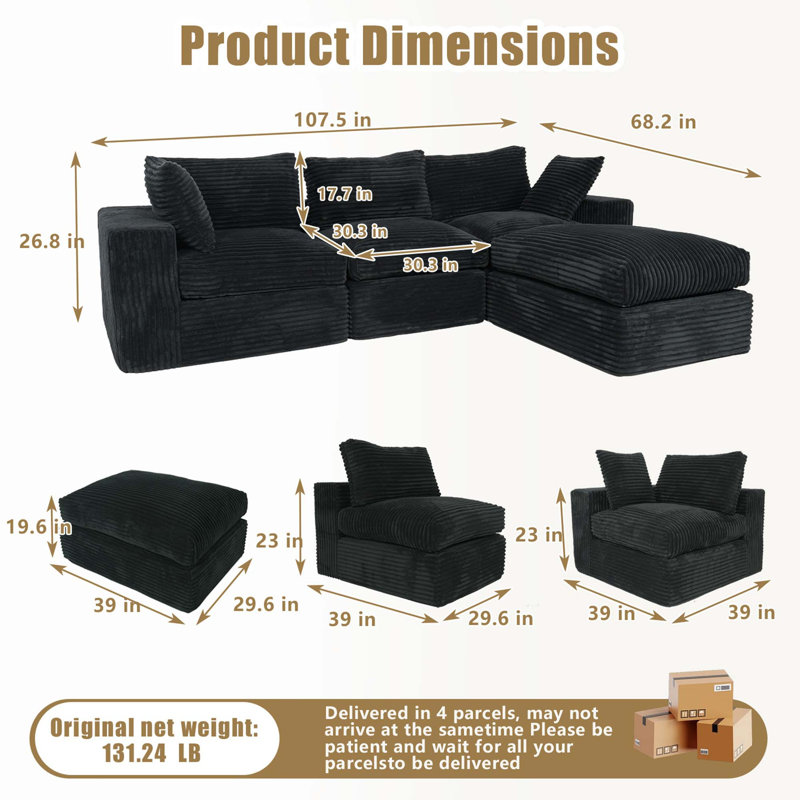 Modular Cloud Couch with Ottoman and Boneless Design