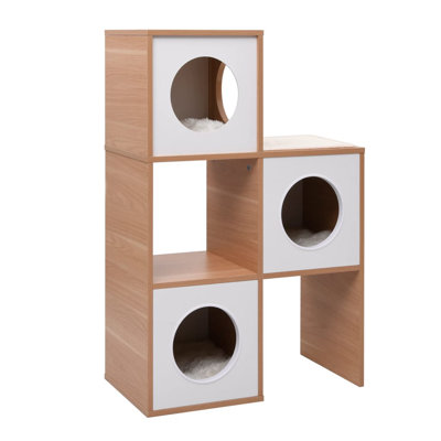 Cat House Brown, White Wood, MDF, Veneer, Sisal, Faux Fur Medium