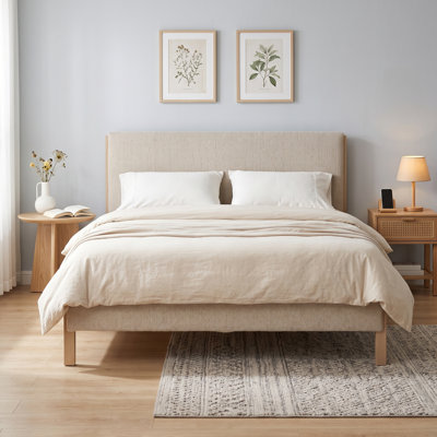 Modern Minimalist Upholstered Bed, Full, Beige Linen