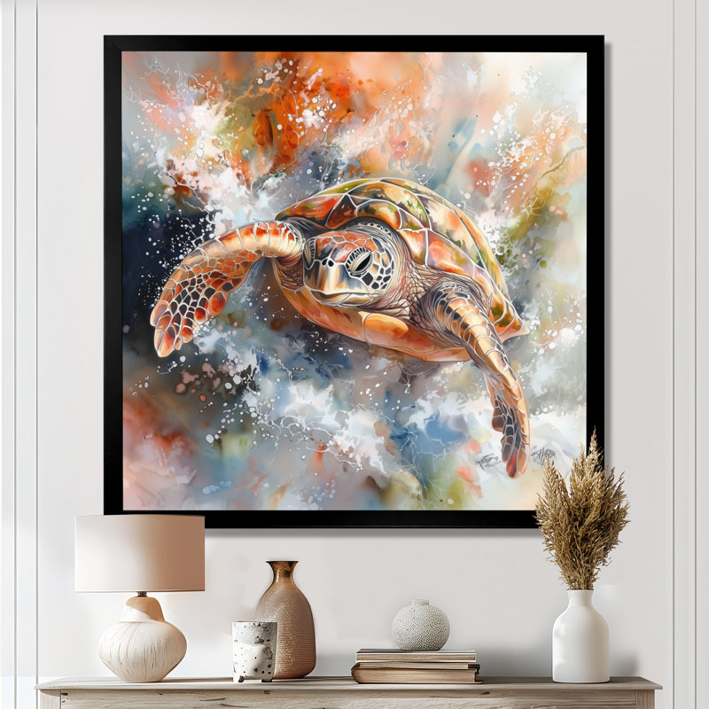 Océan Turtle Journey I - Décoration murale tortue, H 16 po x l 16 po, Reproduction encadrée d'une seule photo sans pass, Noir