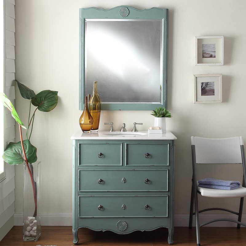 Nallely 34'' Single Bathroom Vanity with Marble Top with Mirror, Distressed Vintage Blue