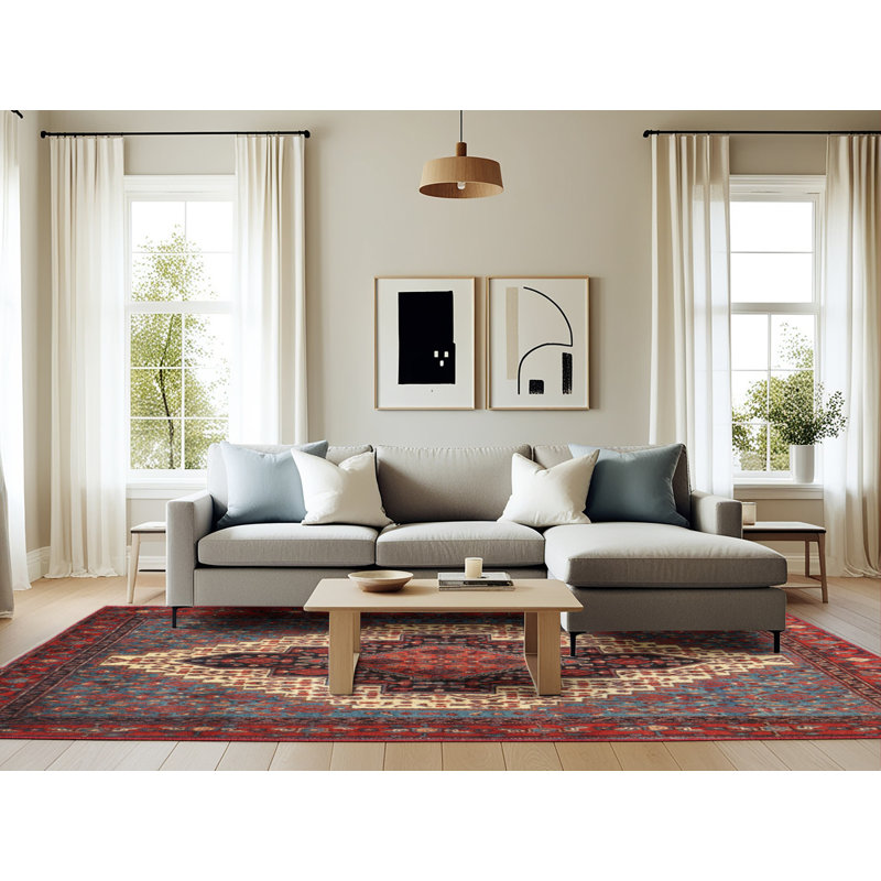 Tapis oriental rouge / bleu / crème, Rectangle 6 pi x 9 pi