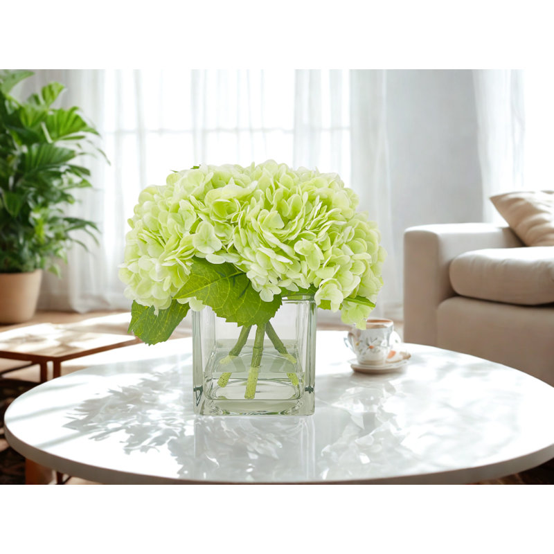 Véritable hydrangées dans un vase, arrangement de fausses fleurs artificielles, Vert clair