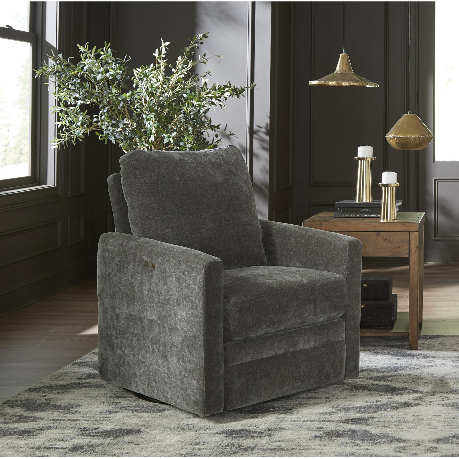 32" Swivel Power Recliner, Charcoal Grey Performance