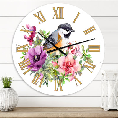 Cute Bird In Pink and Purple Flowers - Traditional wall clock