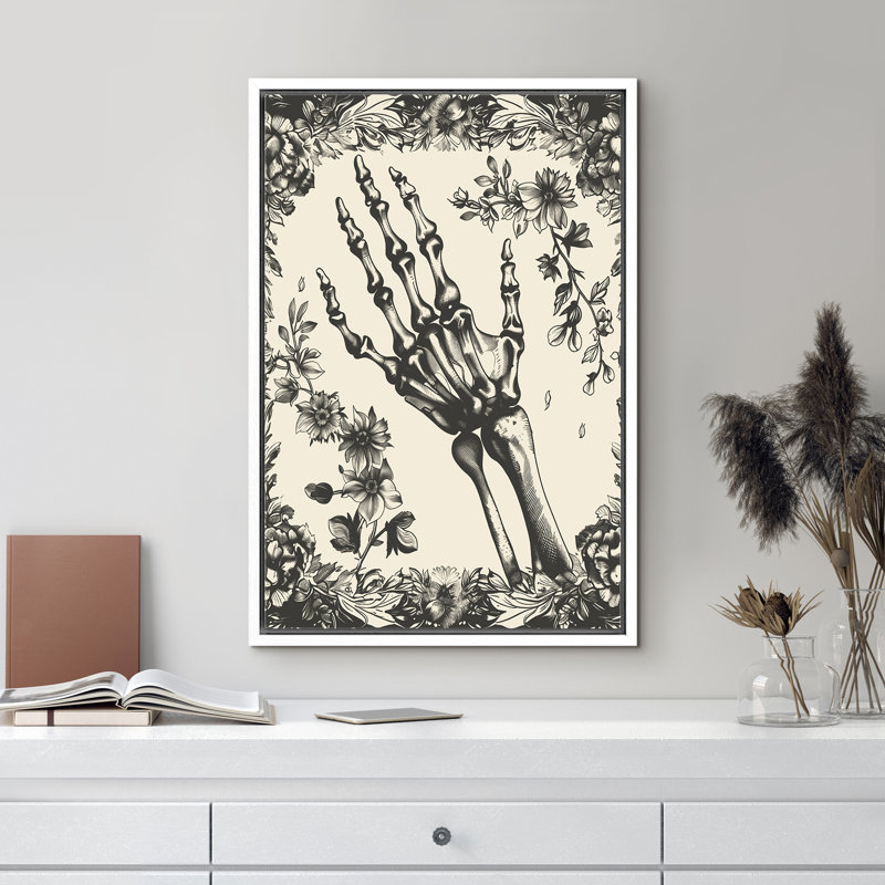 Crâne à la main, croquis de Moody, animaux gothiques foncés, œuvres d'art botaniques florales foncées, Blanc