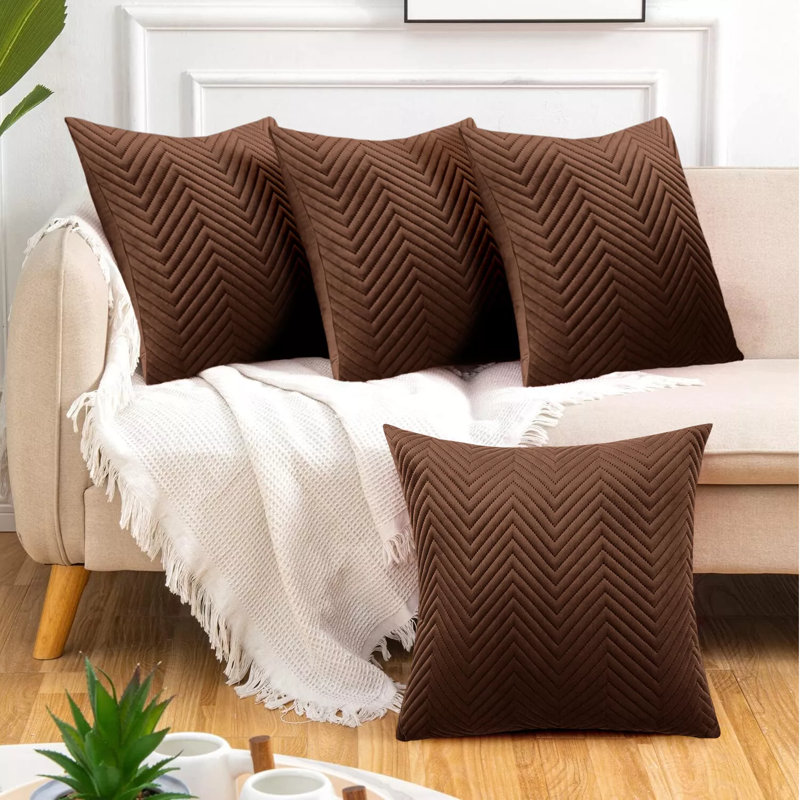 Luxury Chevron Embossed Quilted Pattern Velvet Cushion Cover Set (4-Pack) - Soft Throw Cushion Cover for Home Décor, Coffee