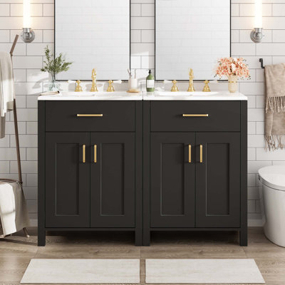 Meuble-lavabo moderne de 48 pouces avec lavabo en céramique, portes à fermeture en douceur, tiroir rabattable, tablettes de porte à double couche, solution de rangement élégante