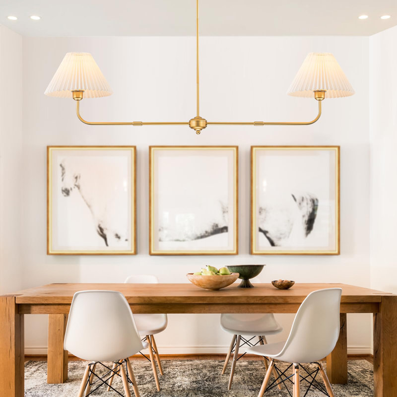 2-Light Gold Linear Chandelier, Modern Chandelier For Dining Room Light Fixture With White Fabric Shade, Rose Gold