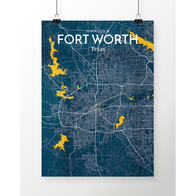 «Fort Worth City Map», reproduction d'impression sur affiche en bleu, H 17 po x l 11 po