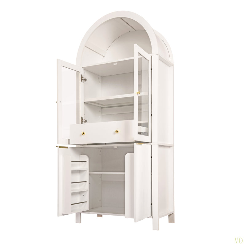 Grand garde-manger arqué cannelé avec tablettes réglables, rangement élégant avec tiroir caché et porte vitrée pour la cuisine, le salon, la salle à manger, blanc