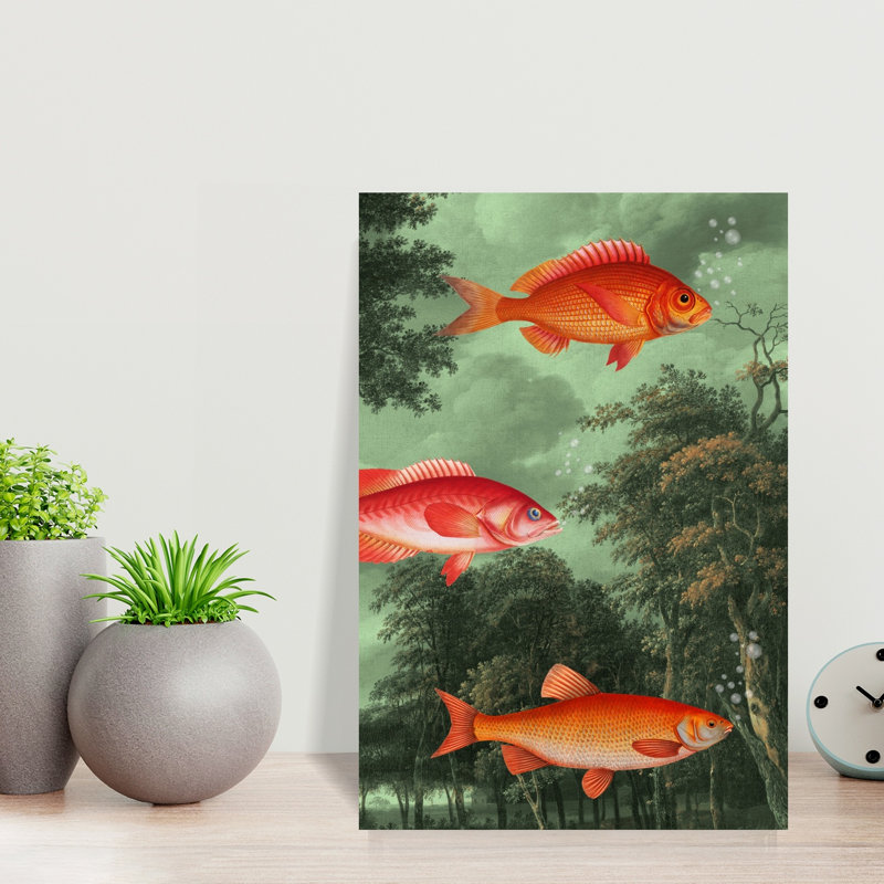Fish Among The Trees Abstract Contemporary Fish Forest Landscape Wall Art Print 1 Piece Wrapped Canvas Wall Art