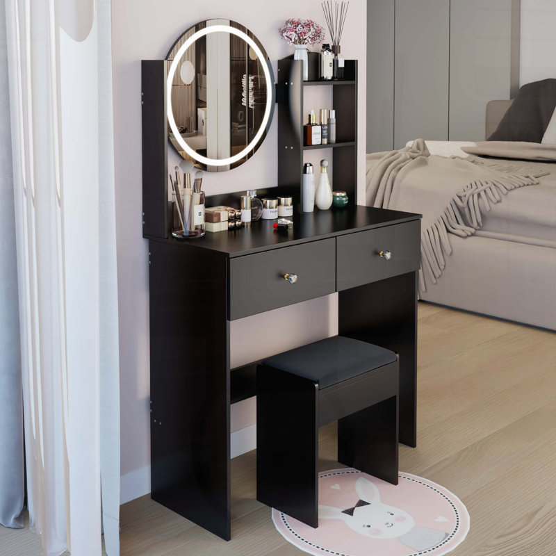 17 Round LED Mirror Vanity Table with Cushioned Stool (Basic)", Black