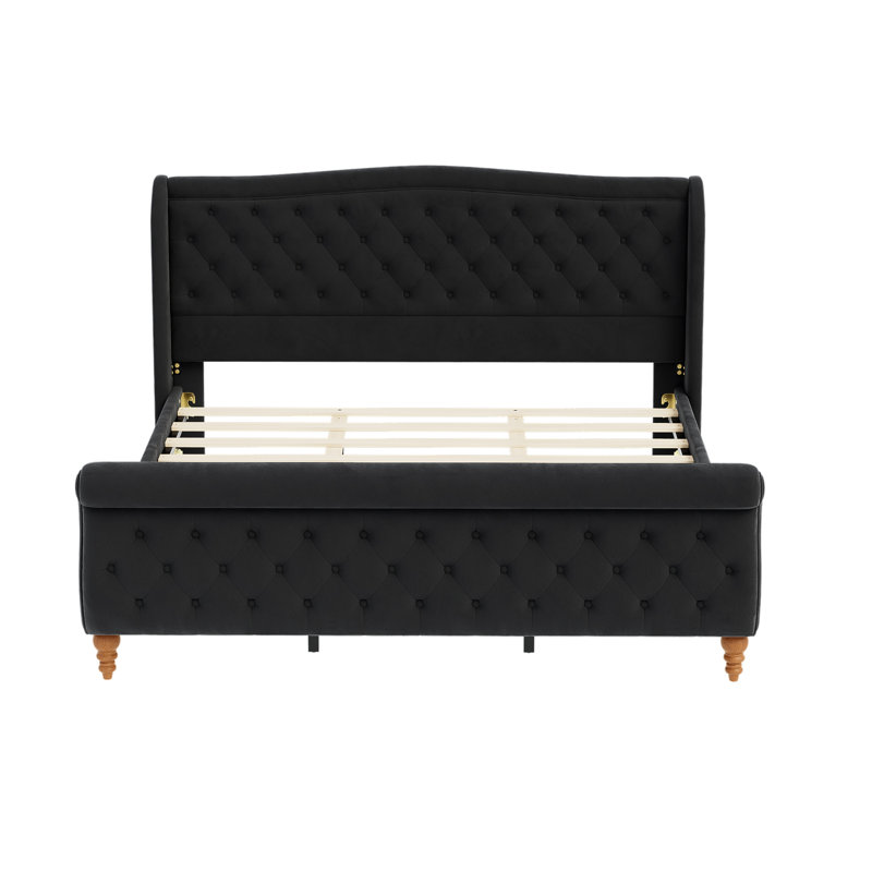 Lit plateforme Verona King en velours avec tête de lit capitonnée à oreilles, Très grand lit, Noir