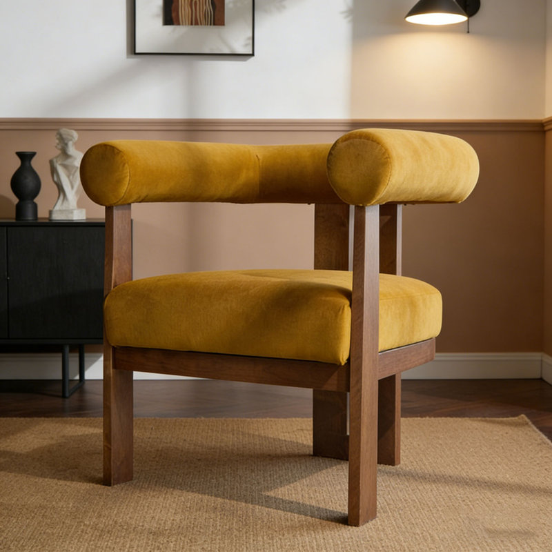 Chaise d'appoint moderne rembourrée avec accoudoirs ronds, Mustard yellow